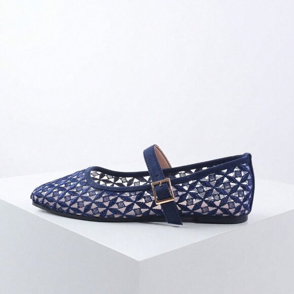Blue Elegant Women's Woven Square Toe Slip-On Flats - Picture 6 of 7